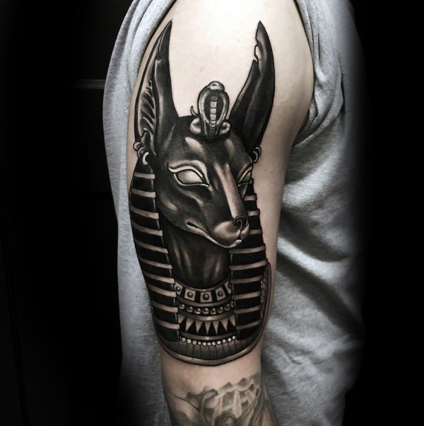 New school style colored shoulder tattoo of Egypt God statue
