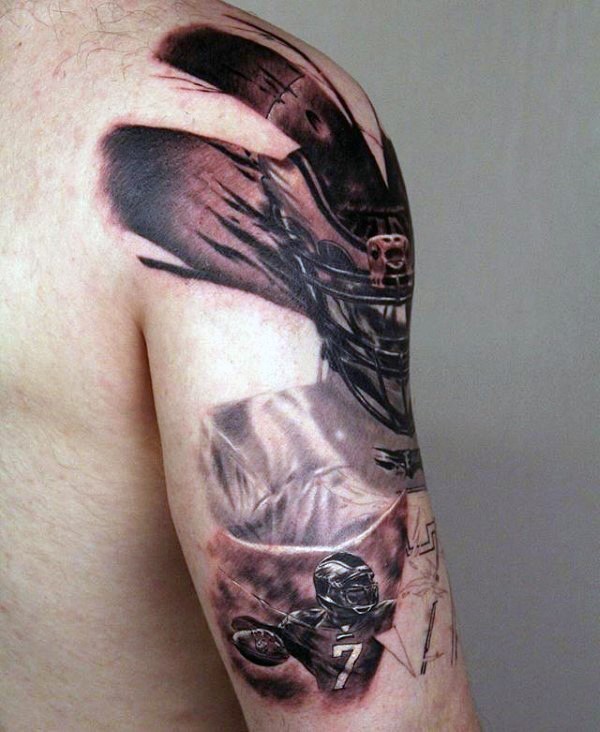 Illustrative style colored shoulder tattoo of sports game player