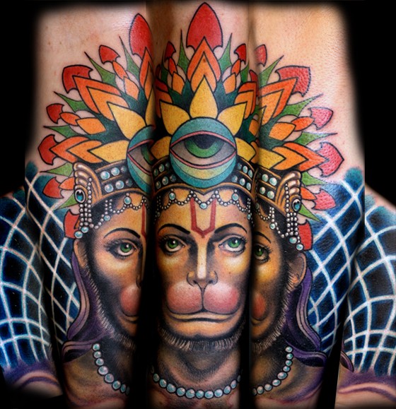 New school style colored arm tattoo of monkey queen with crown