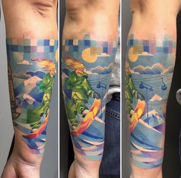 Illustrative style colored arm tattoo of man riding snowboard with sun