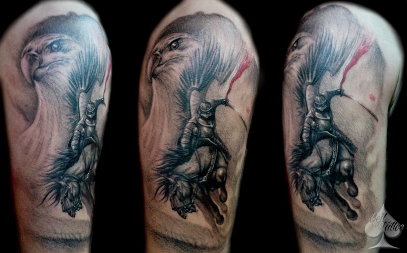 New school style colored shoulder tattoo of large eagle with samurai warrior