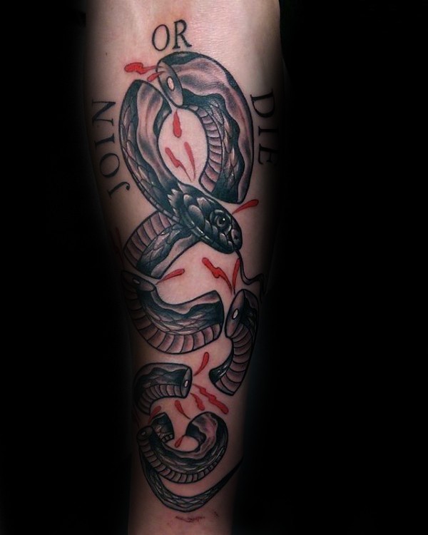 New school style colored forearm tattoo of ripped bloody join or die snake