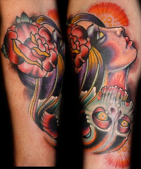 New school style colored forearm tattoo of mystical woman with skull and rose