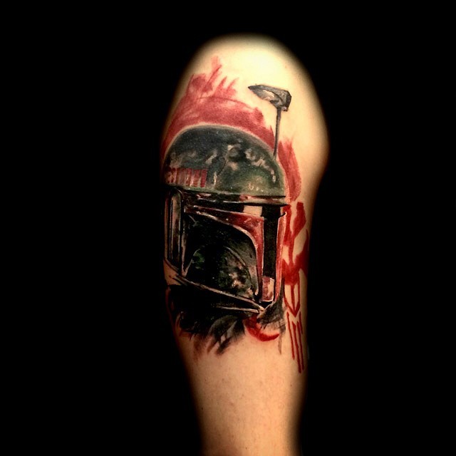 Illustrative style colored shoulder tattoo of Star Wars soldiers helmet