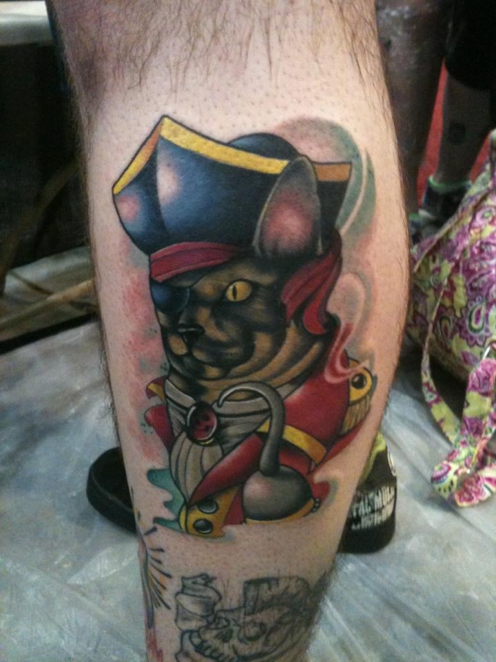 New school style colored leg tattoo of soldier like leg tattoo of cat