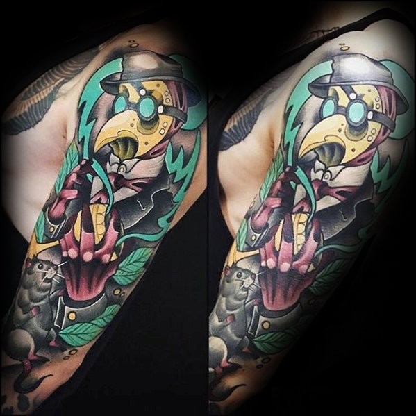 New school style colored shoulder tattoo of mystical plague doctor