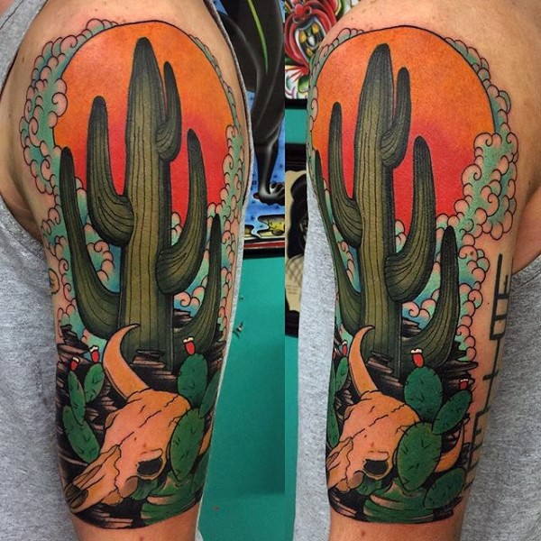 New school style colored shoulder tattoo of desert cactus with skull