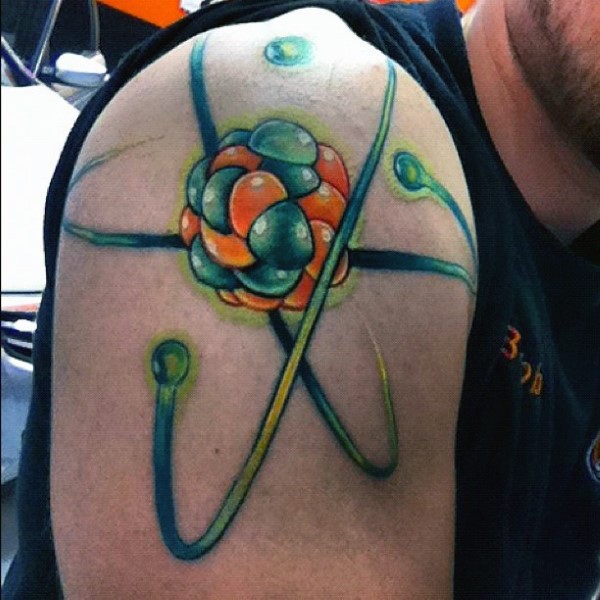 New school style colored shoulder tattoo of big cool atom