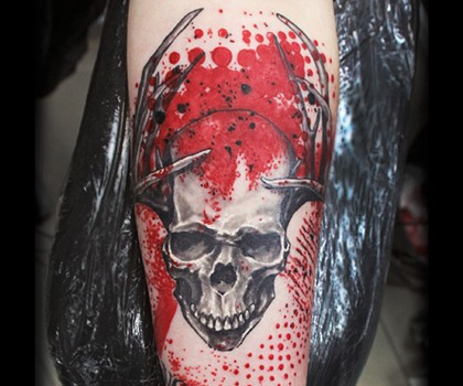 New school style colored arm tattoo of human skull with horns