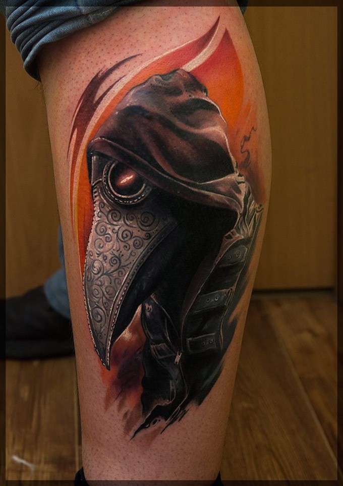 New school style colored leg tattoo of plague doctor mask and glowing eyes