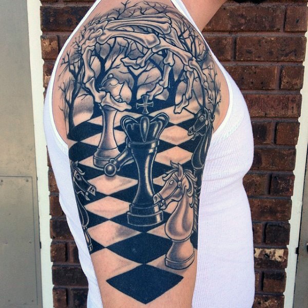 Illustrative style colored shoulder tattoo of chess board in forest