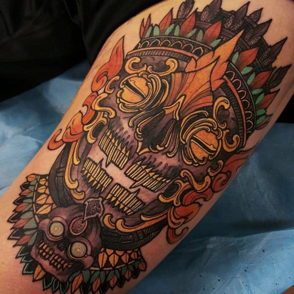 New school style colored arm tattoo of fantasy mask