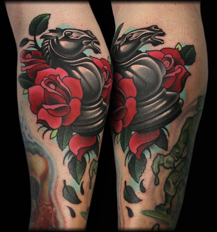 New school style colored leg tattoo of chess figure and rose