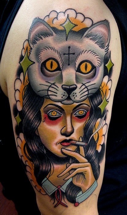 New school style colored shoulder tattoo of mysterious smoking woman with cat helmet