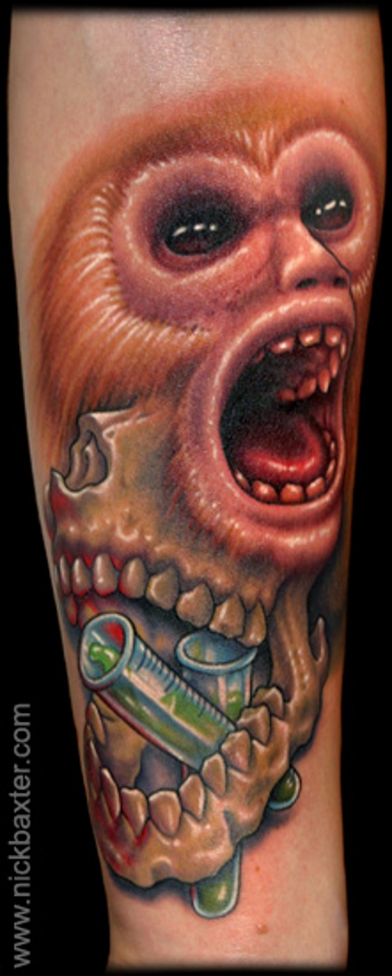 Unusual combined alive monkey face tattoo on forearm combined with skull and tubes