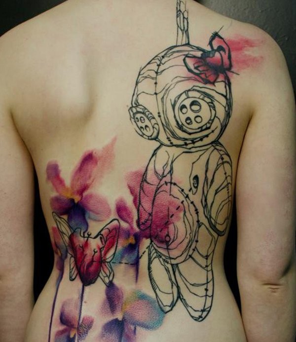 Unusual combined black ink creepy doll tattoo with multicolored flowers on whole back