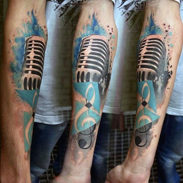 Unusual combined colored microphone with note symbol tattoo on arm