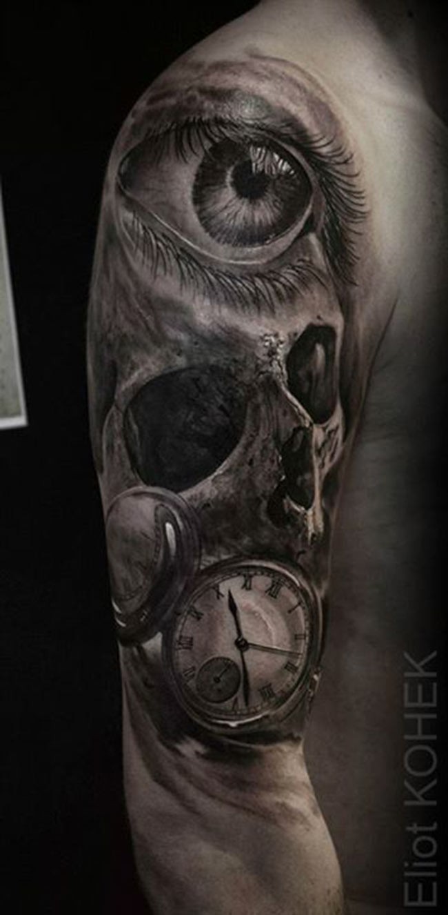 Unusual combined detailed upper arm tattoo of human skull with woman eye and clock