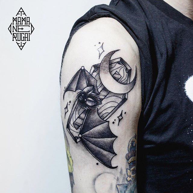 Unusual combined little black ink bat with coffin and moon tattoo on arm