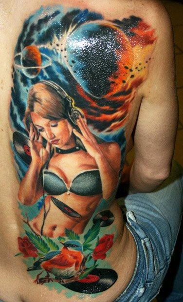 Unusual combined multicolored female naked musician with space planets tattoo on shoulder