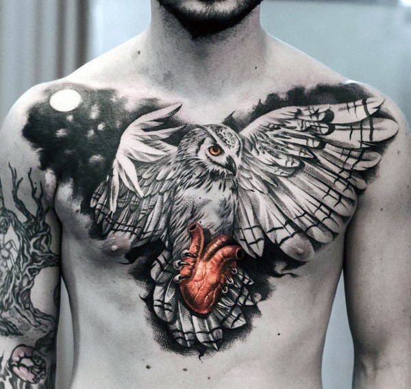 Unusual combined realistic owl tattoo on chest with human heart and moon