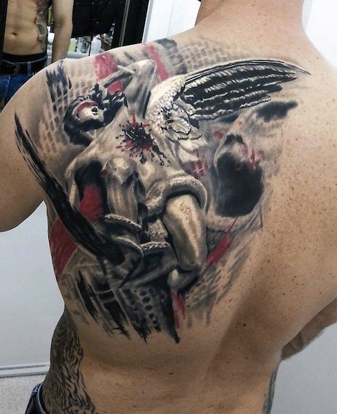 Unusual creative colored scapular tattoo of bloody angel statue