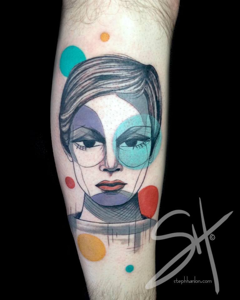 Unusual designed and colored leg tattoo of woman face with colored circles