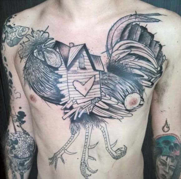 Unusual designed black ink cock with little house and tree legs tattoo on chest
