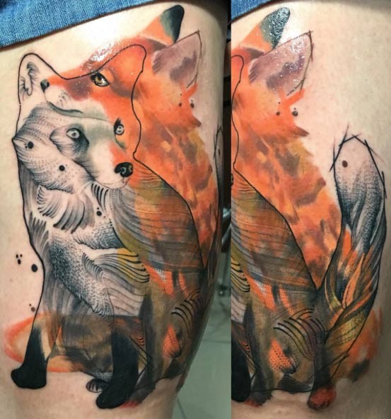 Unusual designed black ink fox tattoo combined with natural colored fox