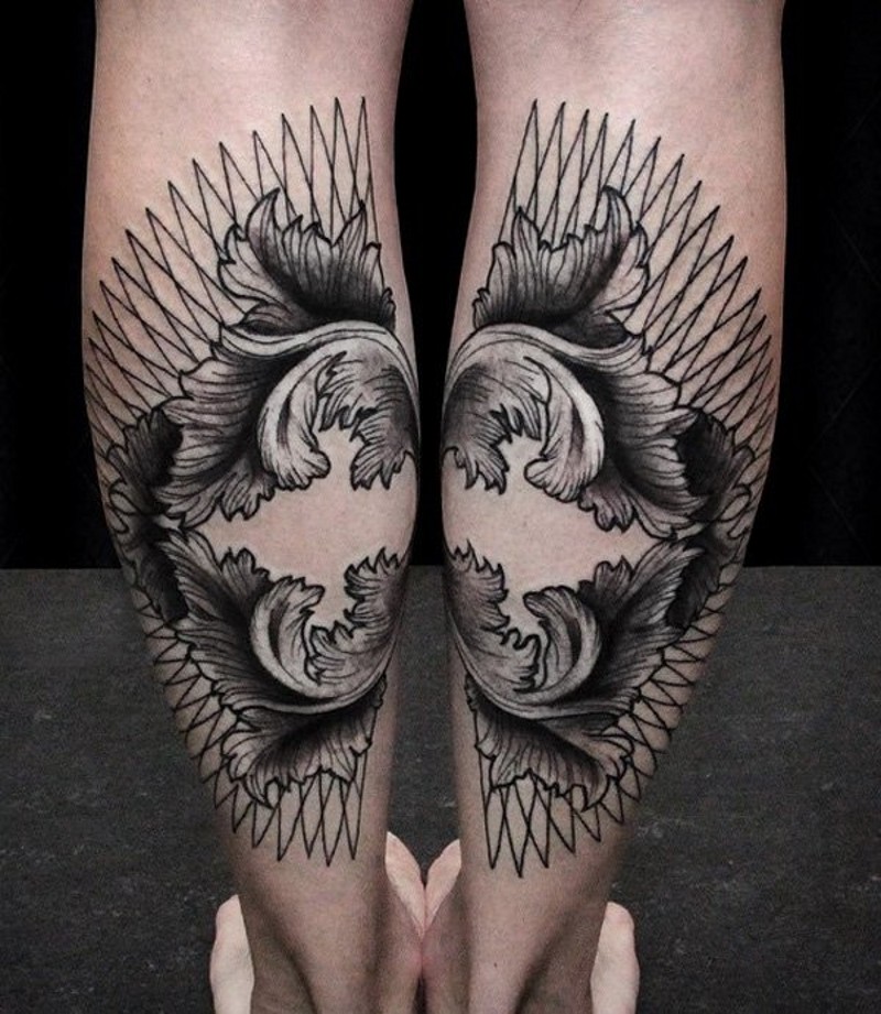 eccezionale disegno inchiostro nero ornamento tatuaggio su gamba