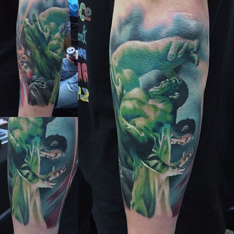 Unusual designed colored shoulder tattoo of Hulk transformation