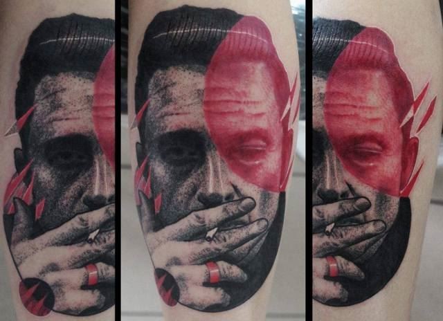 Unusual designed colored smoking man portrait with red ring tattoo on forearm