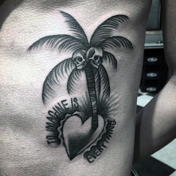 Unusual designed romantic style heart shaped island with lettering and palm tree tattoo n side