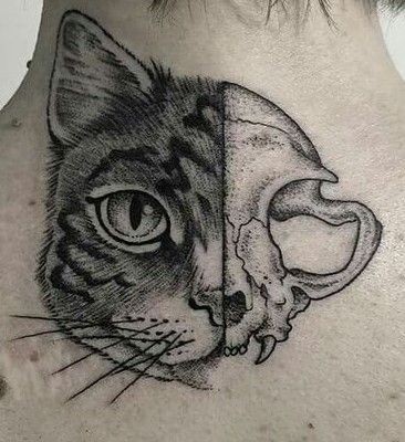 Unusual dot style neck tattoo of half cat head half cat skull