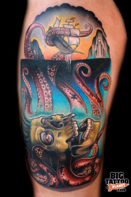 Unusual illustrative style thigh tattoo of big octopus with sailing ship and skull