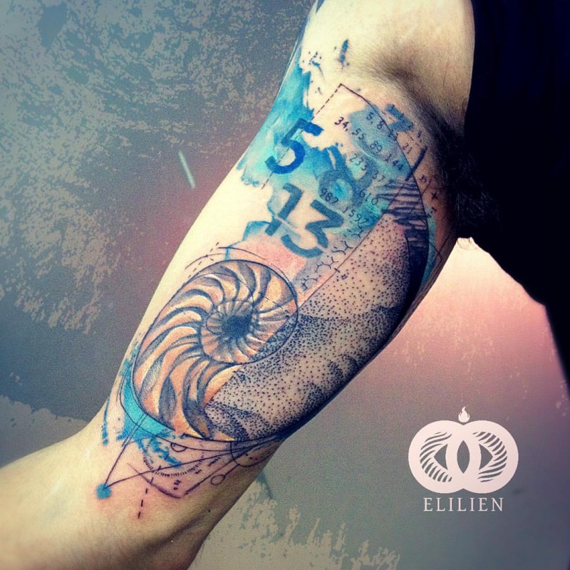 Unusual photoshop style colored biceps tattoo of vortex with numbers