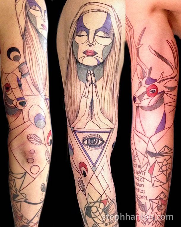 Unusual sketch style sleeve tattoo of woman with various animals and lettering