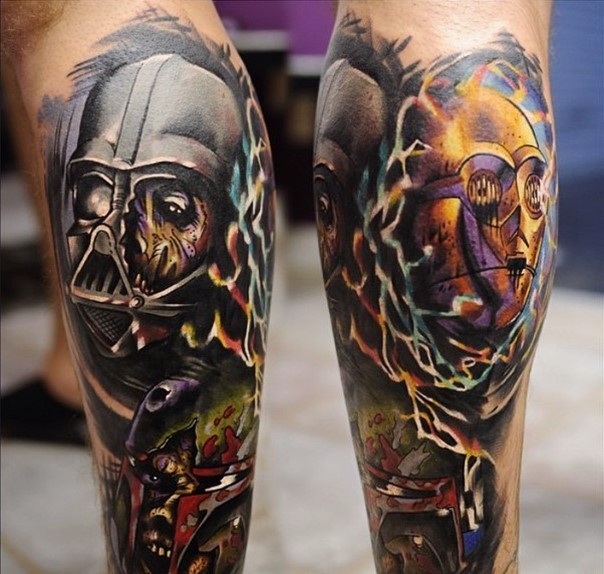 Unusual style multicolored detailed on leg Star Wars themed tattoo