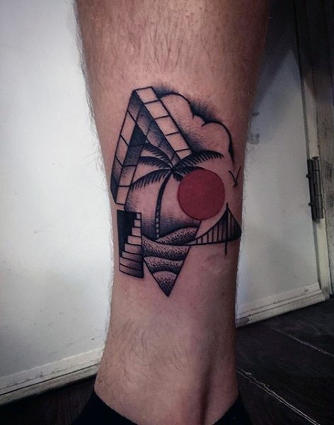 Tatuaje en la pierna, triángulo volumétrico con palmera y sol