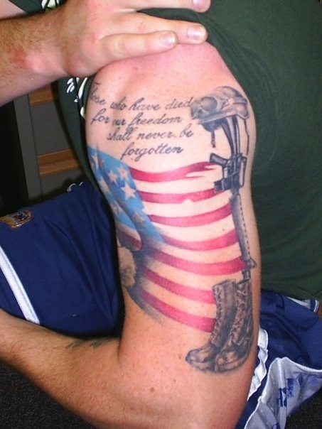 Us flag memorial tattoo on half sleeve