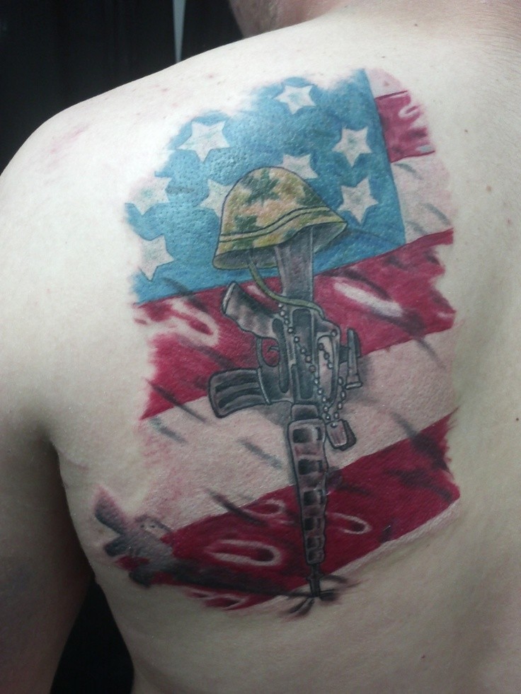 Us flag military memorial tattoo on shoulder blade