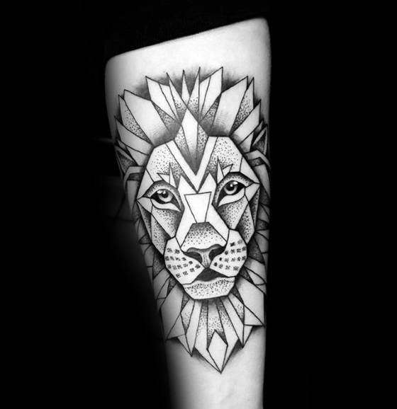 Usual black ink arm tattoo of lion head with geometrical figures