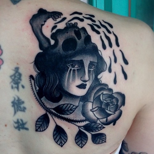 Usual black ink scapular tattoo of crying woman with human skull and rose