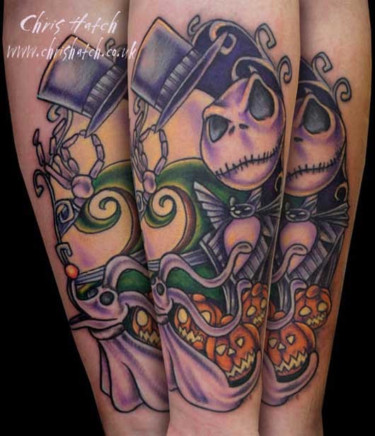 Usual colored forearm tattoo of Nightmare before Christmas hero and dog shaped ghost