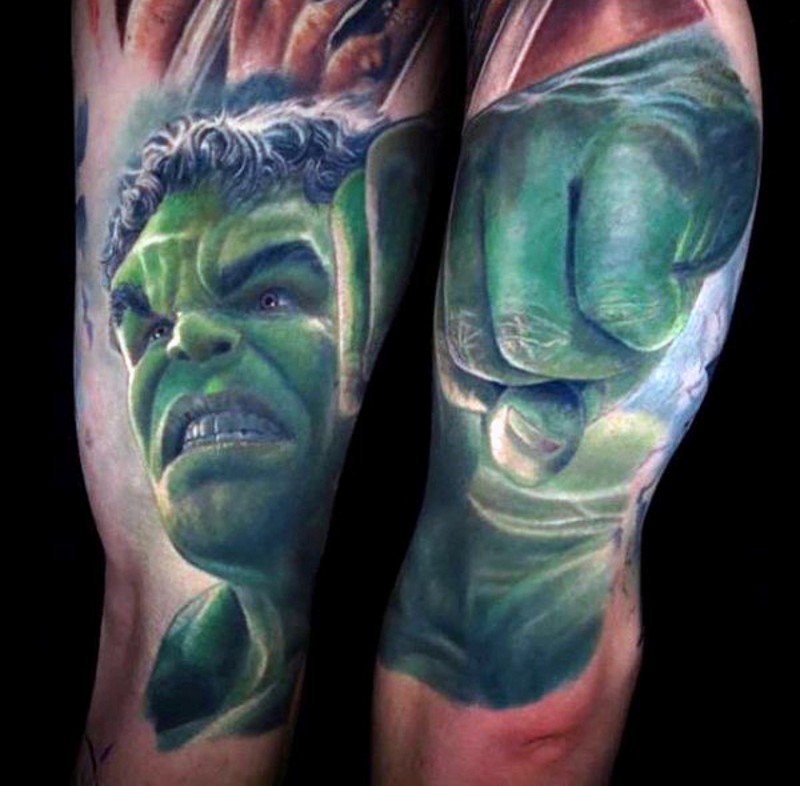 Usual designed and colored detailed arm tattoo of Hulk smash