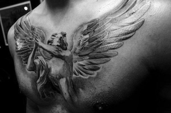 Usual designed black and white whole chest tattoo of praying angel