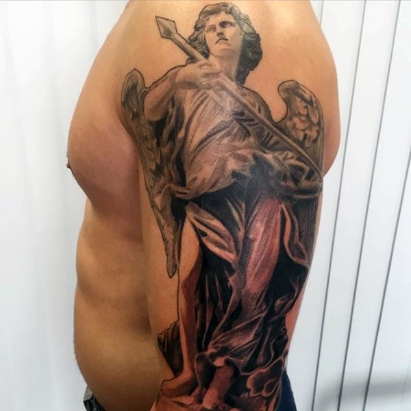 Usual designed colored angel with spear tattoo on half sleeve zone