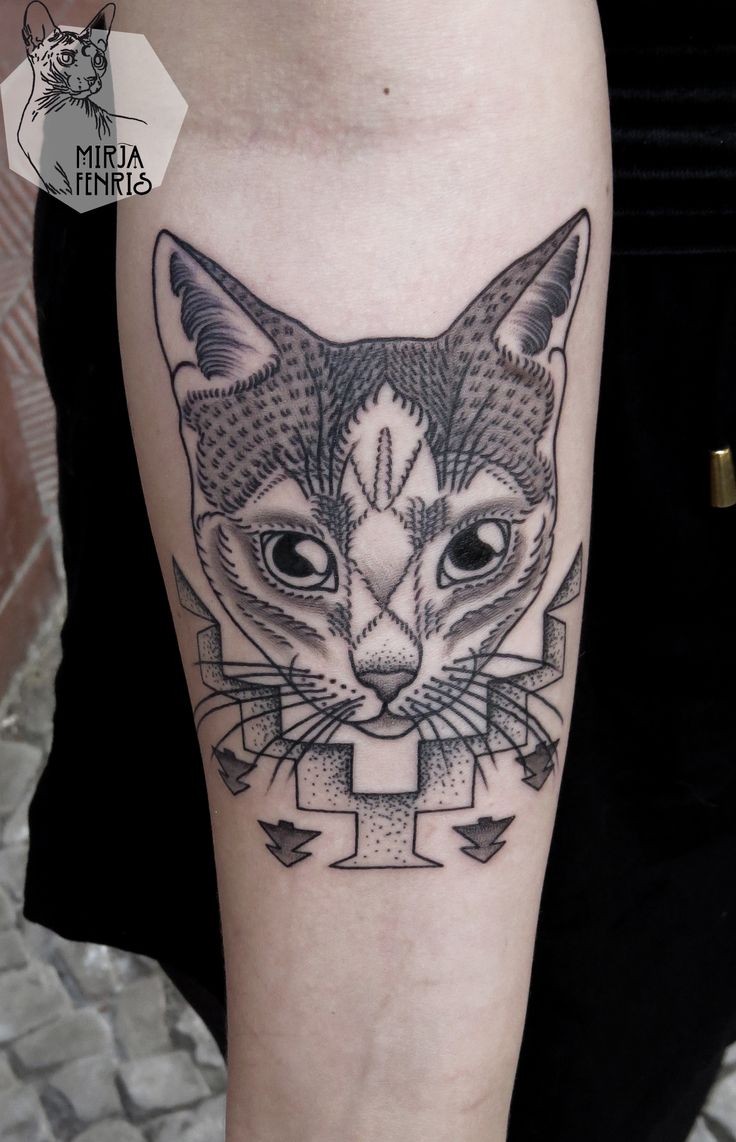 Tatuagem de antebraço de estilo habitual de gato com ornamentos geométricos