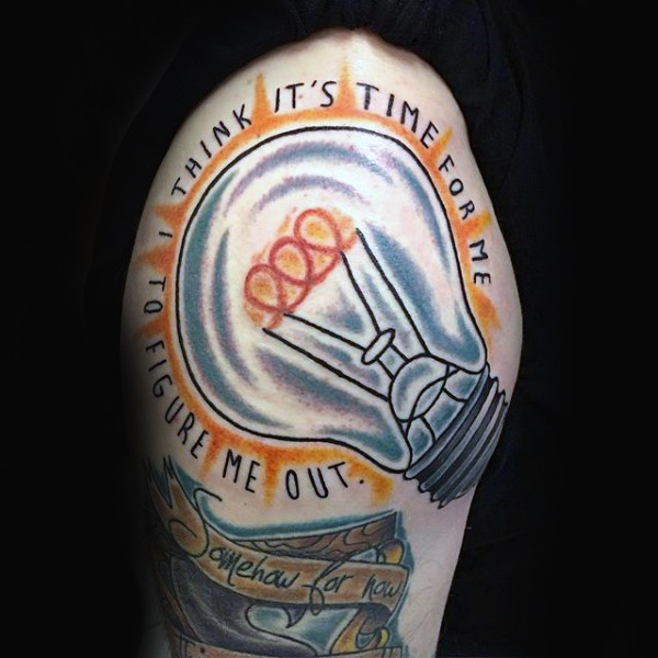 Usual illustrative style bulb tattoo with lettering
