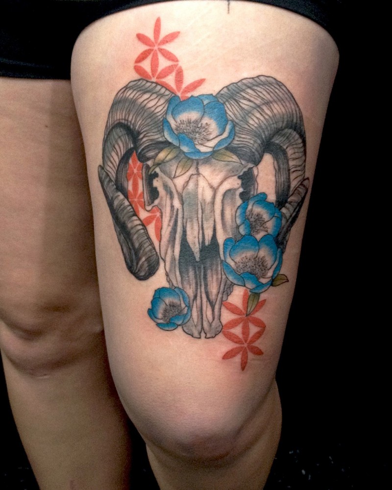 Usual large thigh tattoo of skull and flowers